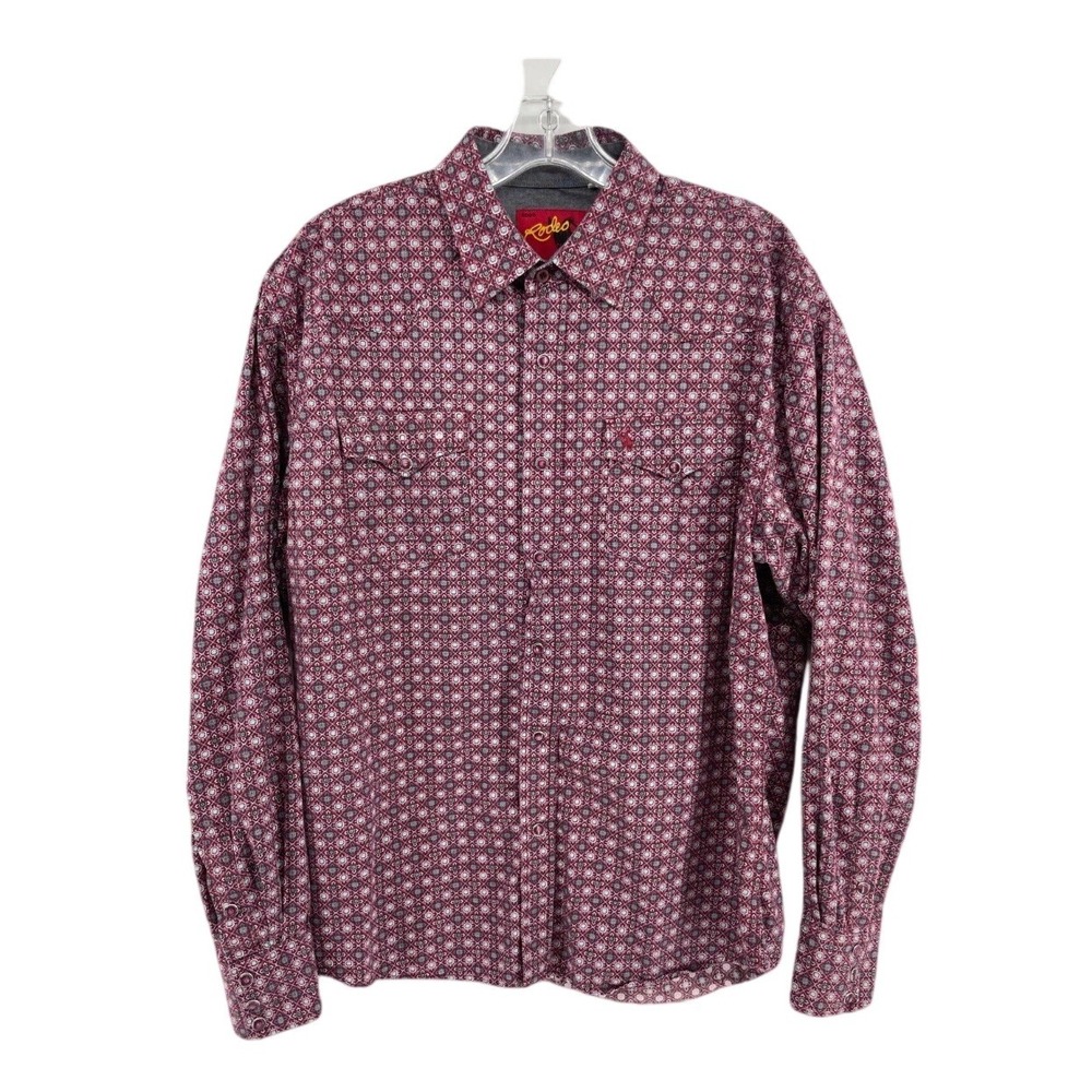 RODEO Clothing Co. Western Snap Shirt Men's XL Burgundy Patterned Long Sleeve